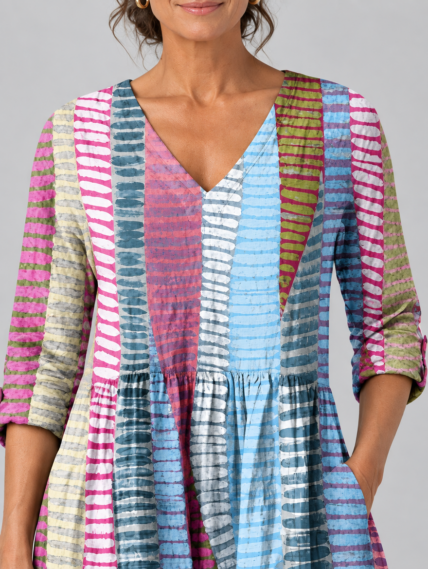 Margo long blouse in painted brush stripe print, close up of print and neckline