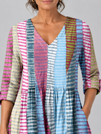 Margo long blouse in painted brush stripe print, close up of print and neckline