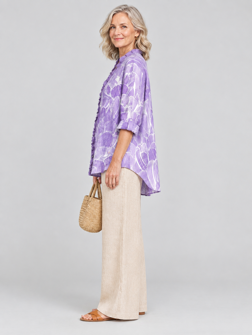 Emmy relaxed tunic in lavender petal print, side view showing the relaxed fit
