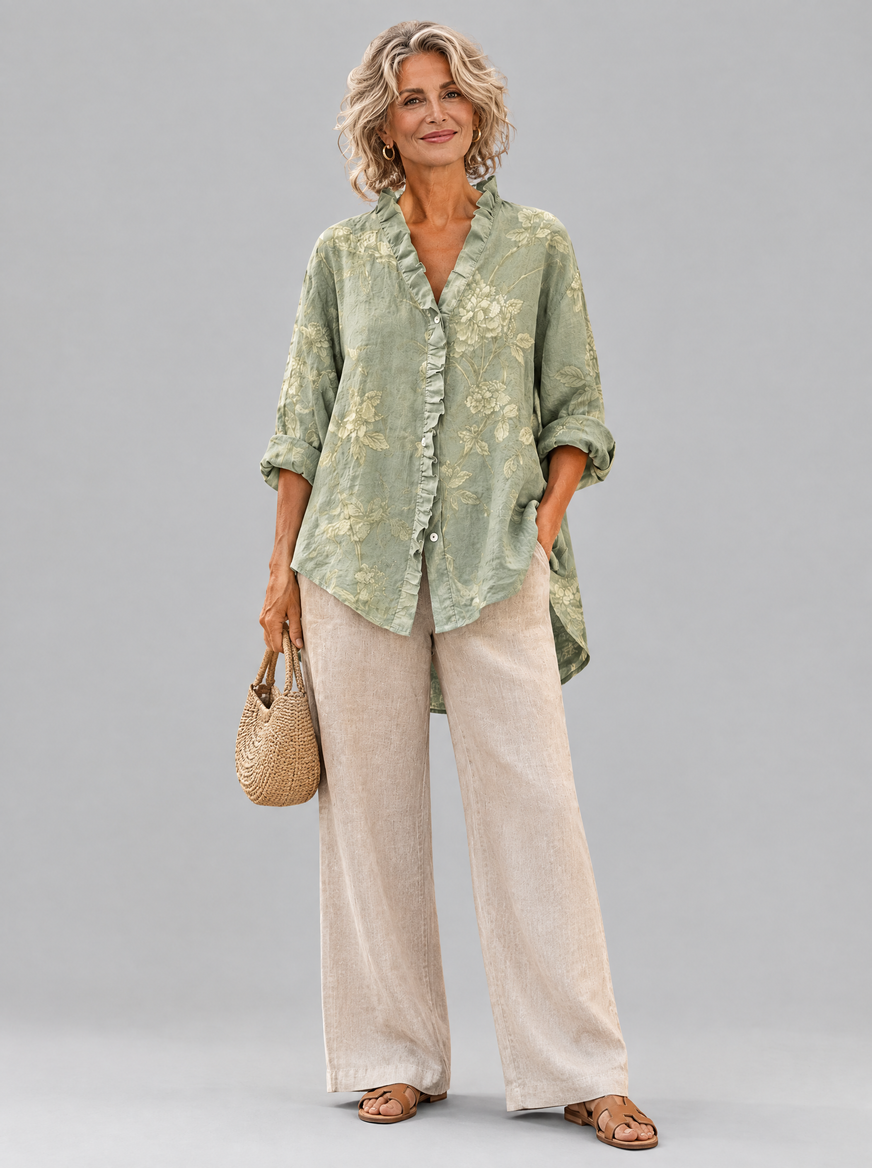 Mabel relaxed tunic in sage green tonal peony print, front view