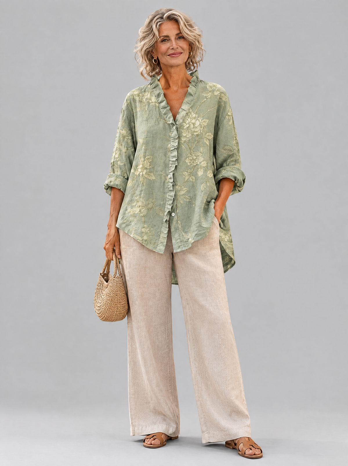 Mabel relaxed tunic in sage green tonal peony print, front view