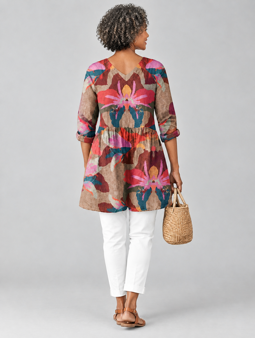 Cassidy long blouse in mocha orchid print, back view
