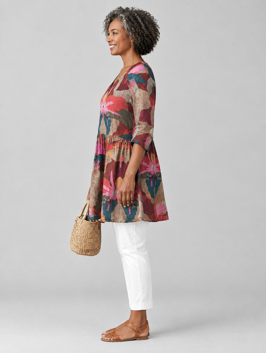 Cassidy long blouse in mocha orchid print, side view showing the relaxed fit