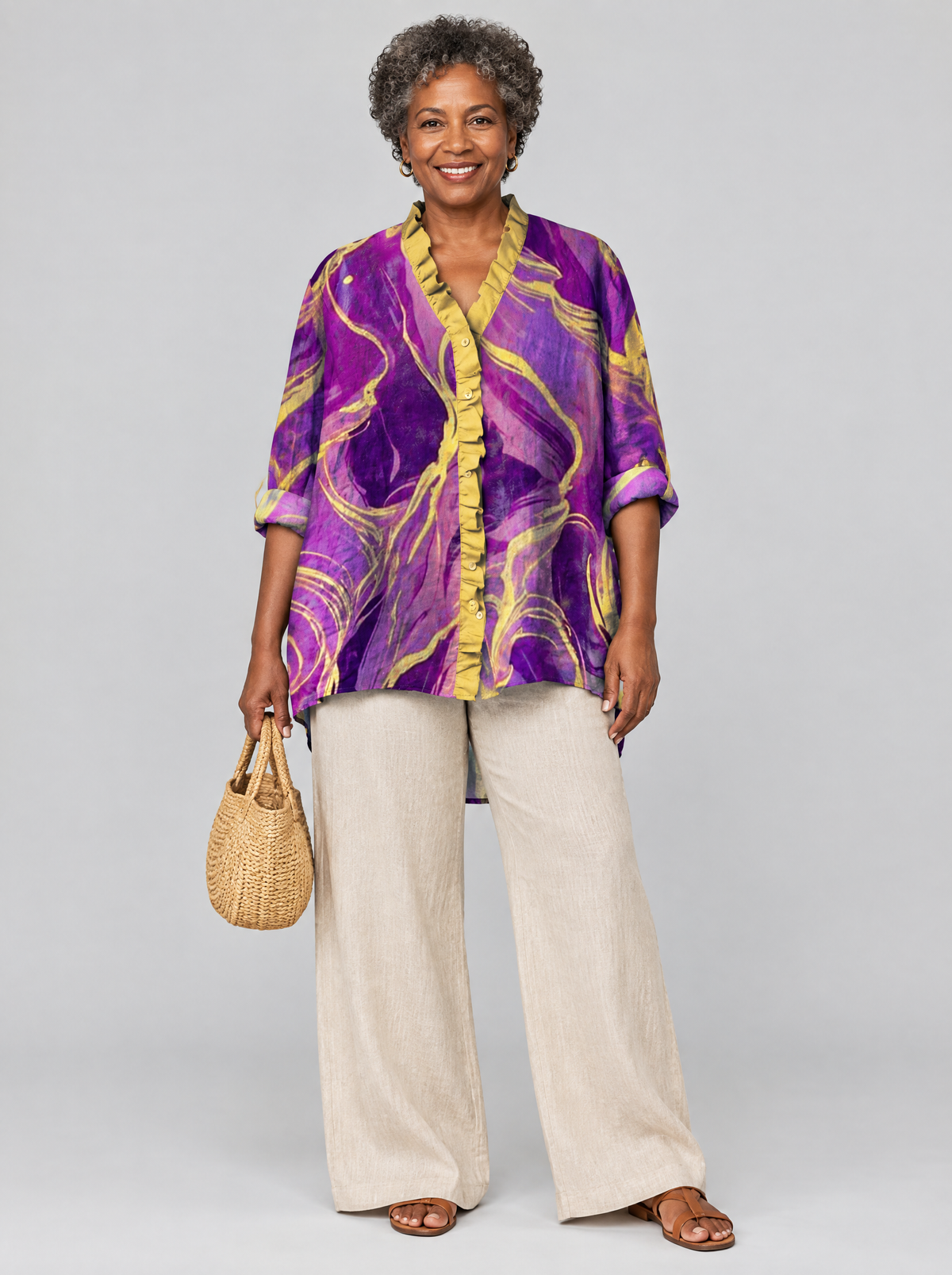 Dorothy relaxed tunic in violet and gold marble print, front view