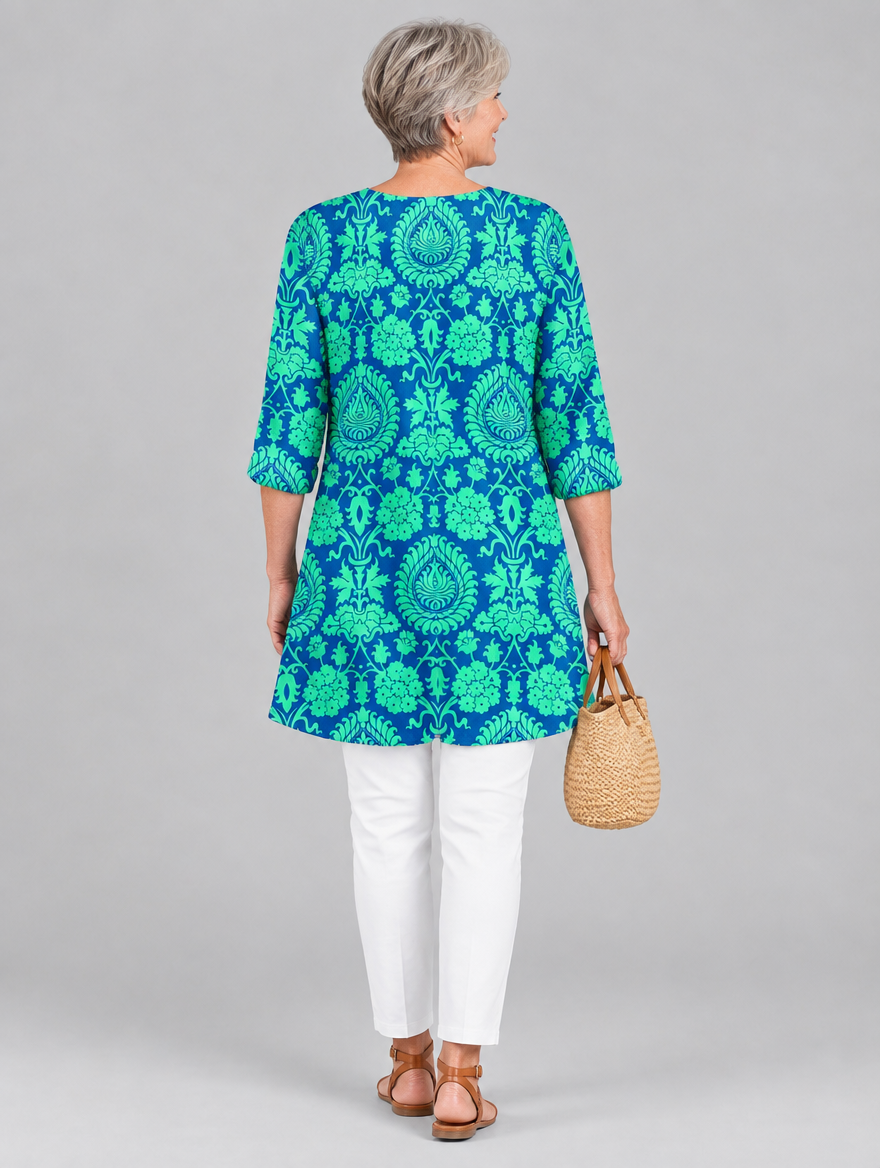 Marlee long blouse in royal blue and mint damask print, back view