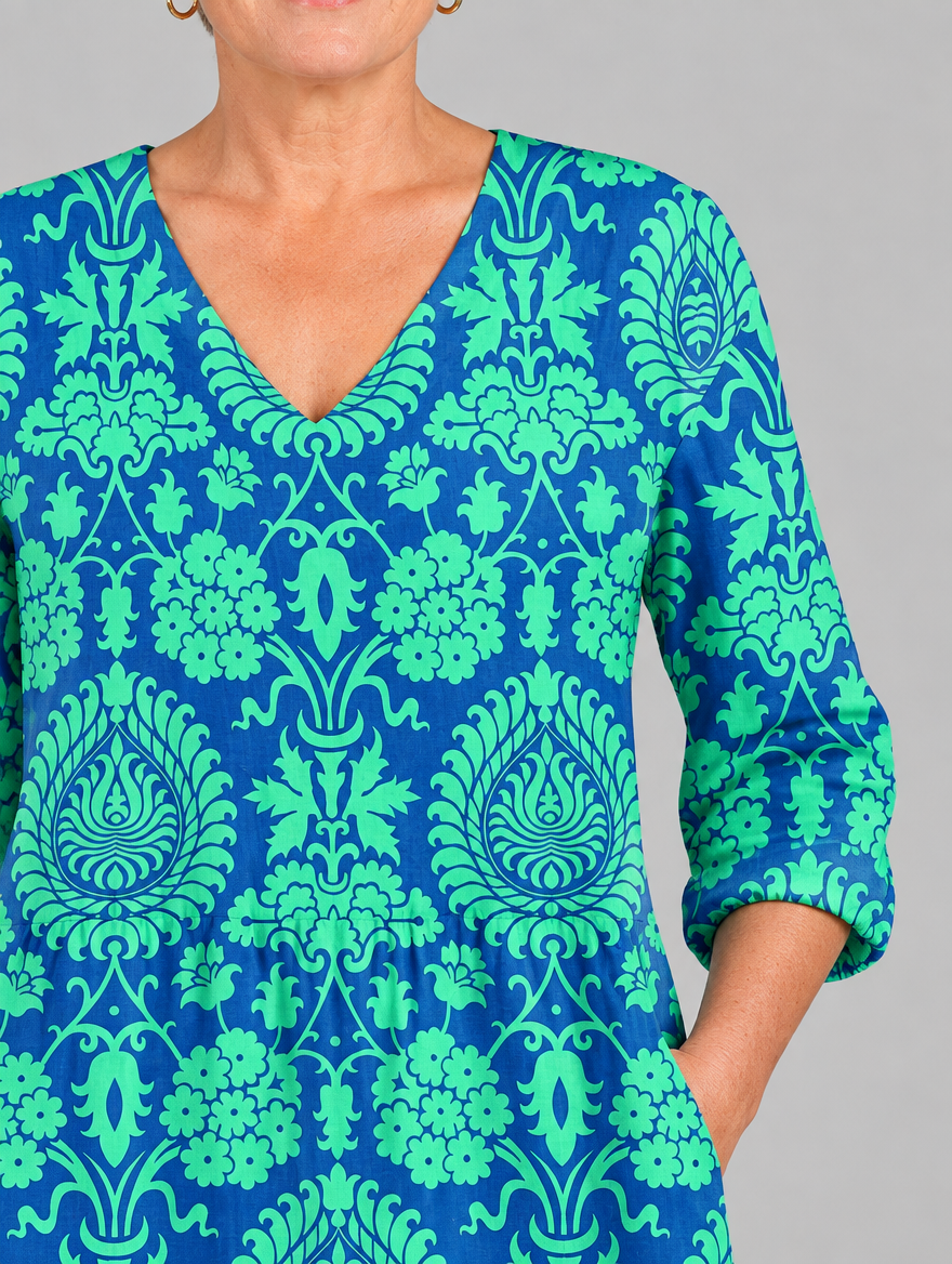 Marlee long blouse in royal blue and mint damask print, close up of print and neckline
