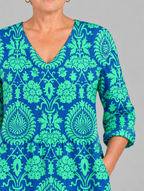 Marlee long blouse in royal blue and mint damask print, close up of print and neckline