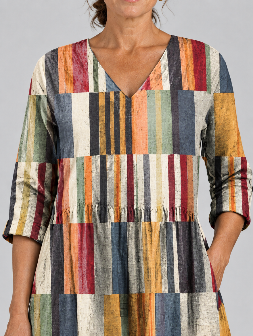 Lydia long blouse in multicolour block stripe print, close up of print and neckline