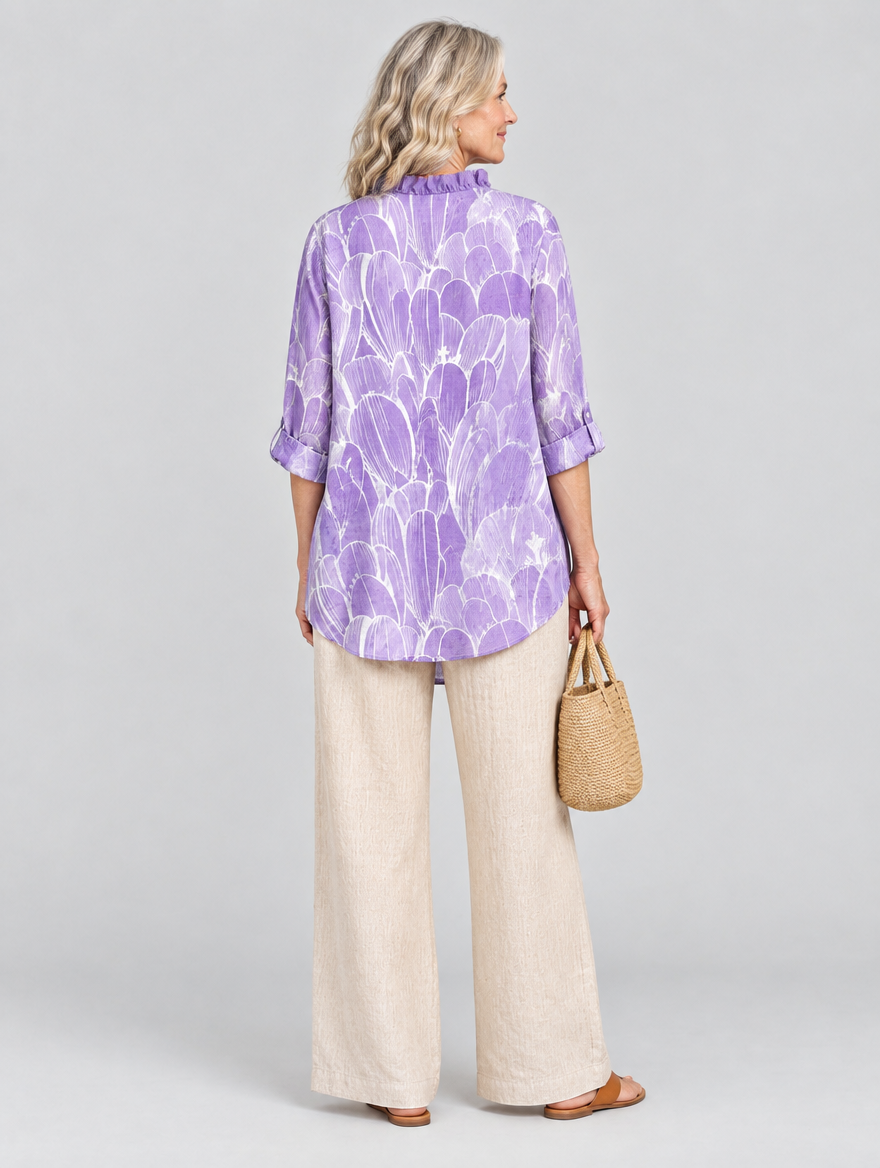 Emmy relaxed tunic in lavender petal print, back view