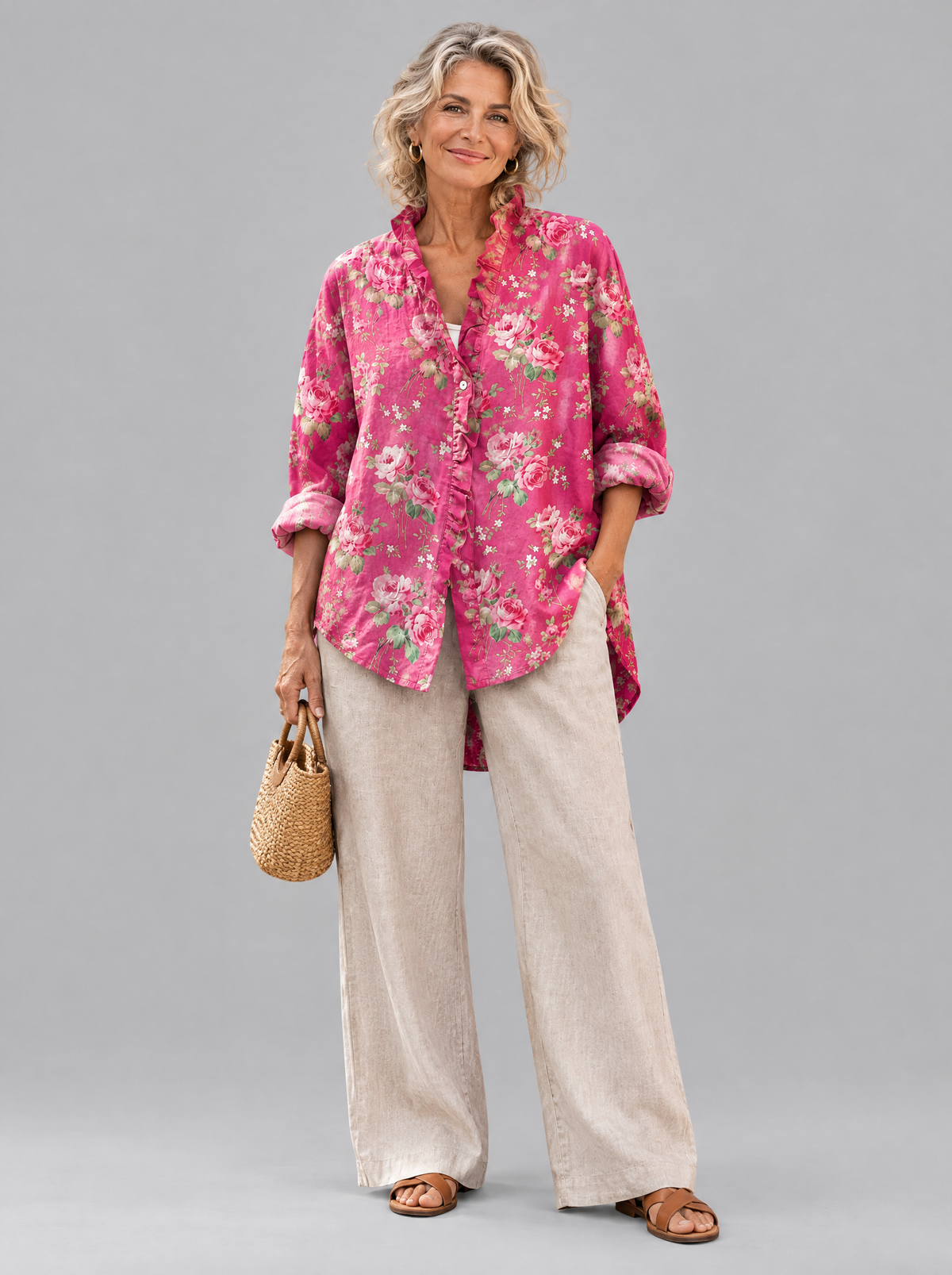 Flora relaxed tunic in raspberry pink rose print, front view
