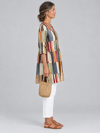 Lydia long blouse in multicolour block stripe print, side view showing the relaxed fit