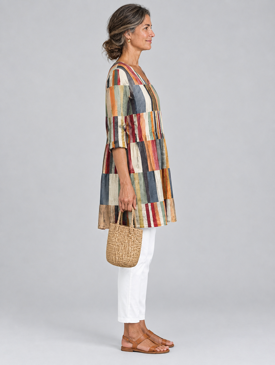 Lydia long blouse in multicolour block stripe print, side view showing the relaxed fit