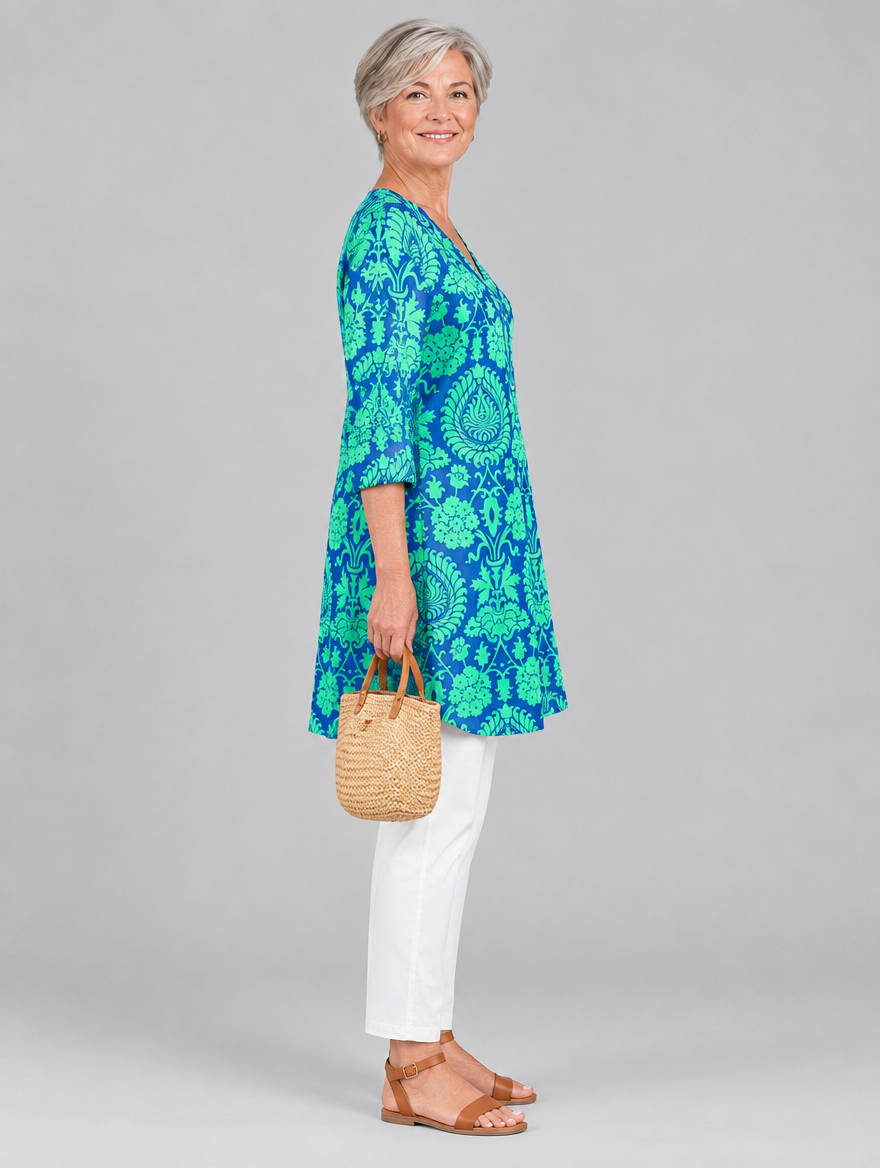 Marlee long blouse in royal blue and mint damask print, side view showing the relaxed fit