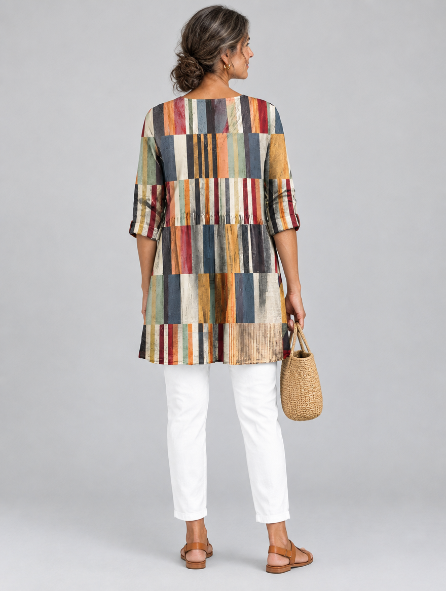 Lydia long blouse in multicolour block stripe print, back view