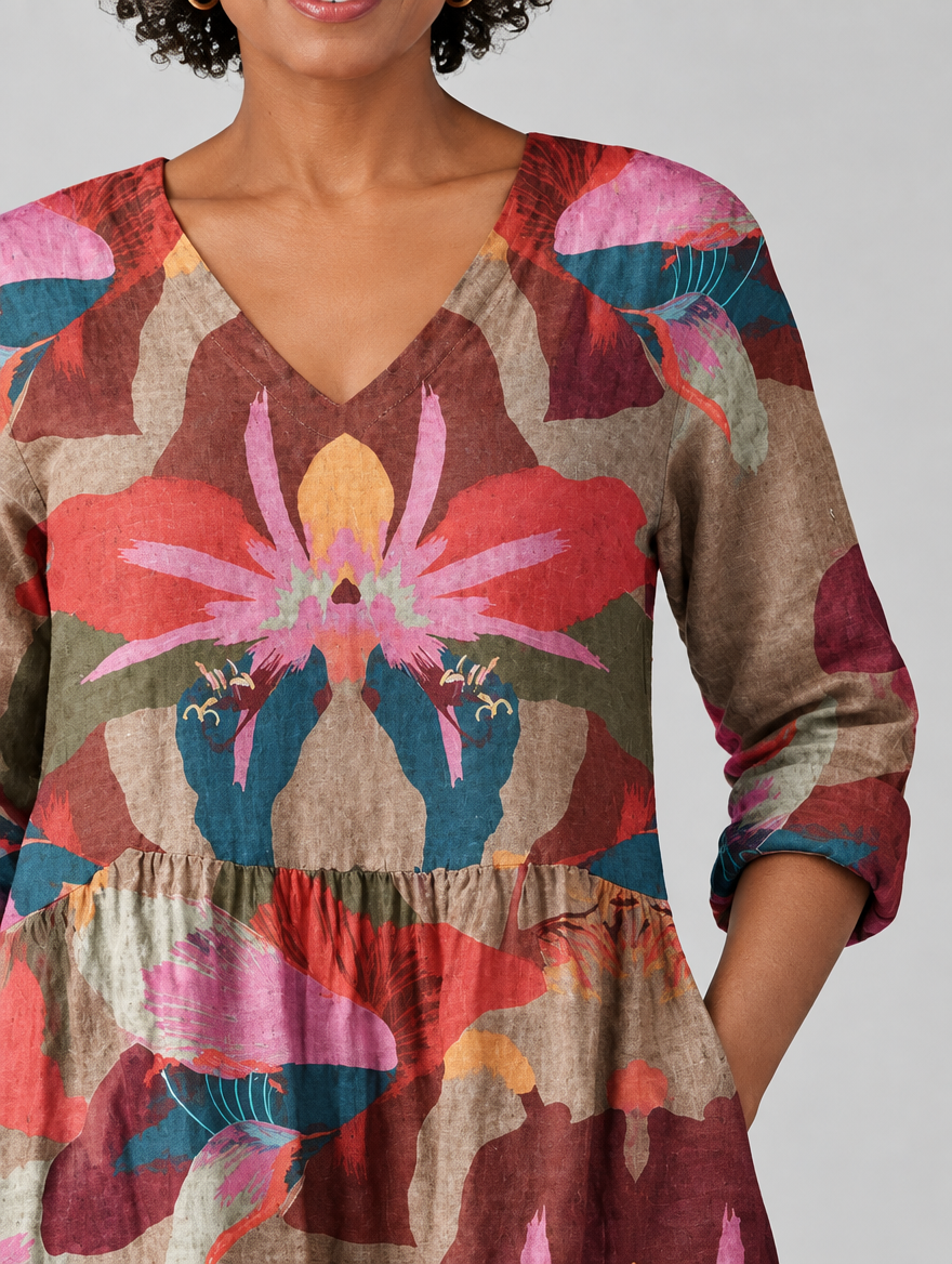 Cassidy long blouse in mocha orchid print, close up of print and neckline
