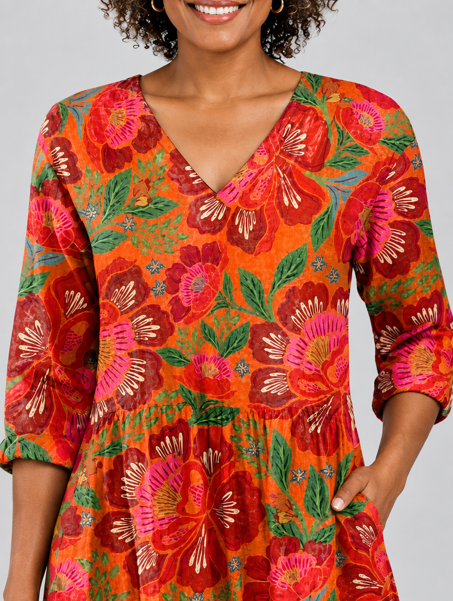 Priscilla long blouse in tangerine and red floral print, close up of print and neckline