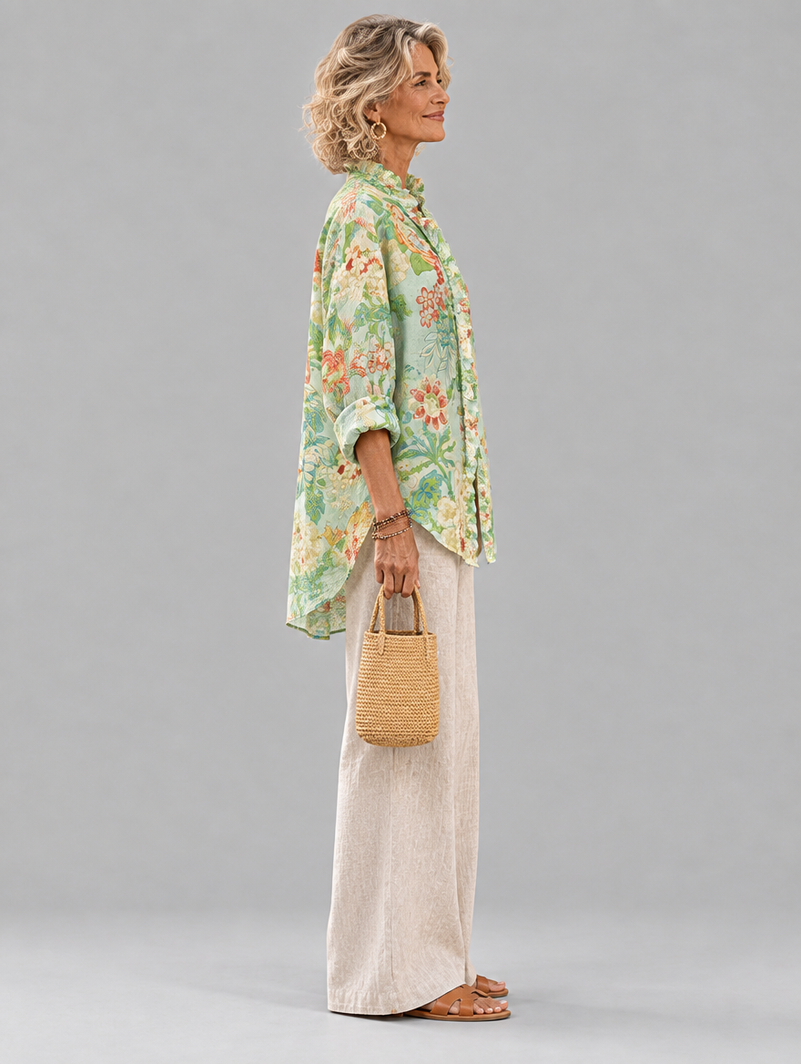 Katalina relaxed tunic in mint chinoiserie peony print, side view showing the relaxed fit