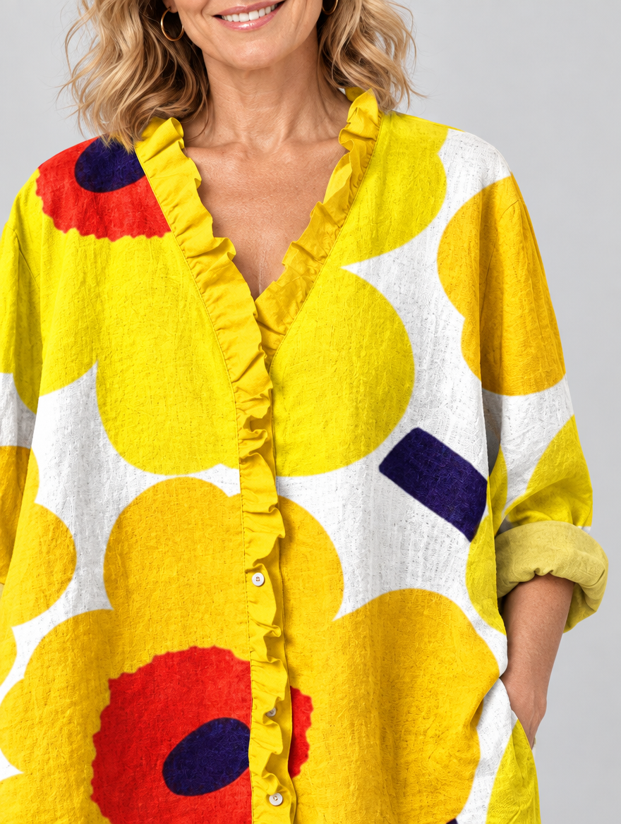 Haisley relaxed tunic in sunflower yellow retro poppy print, close up of print and ruffle neckline