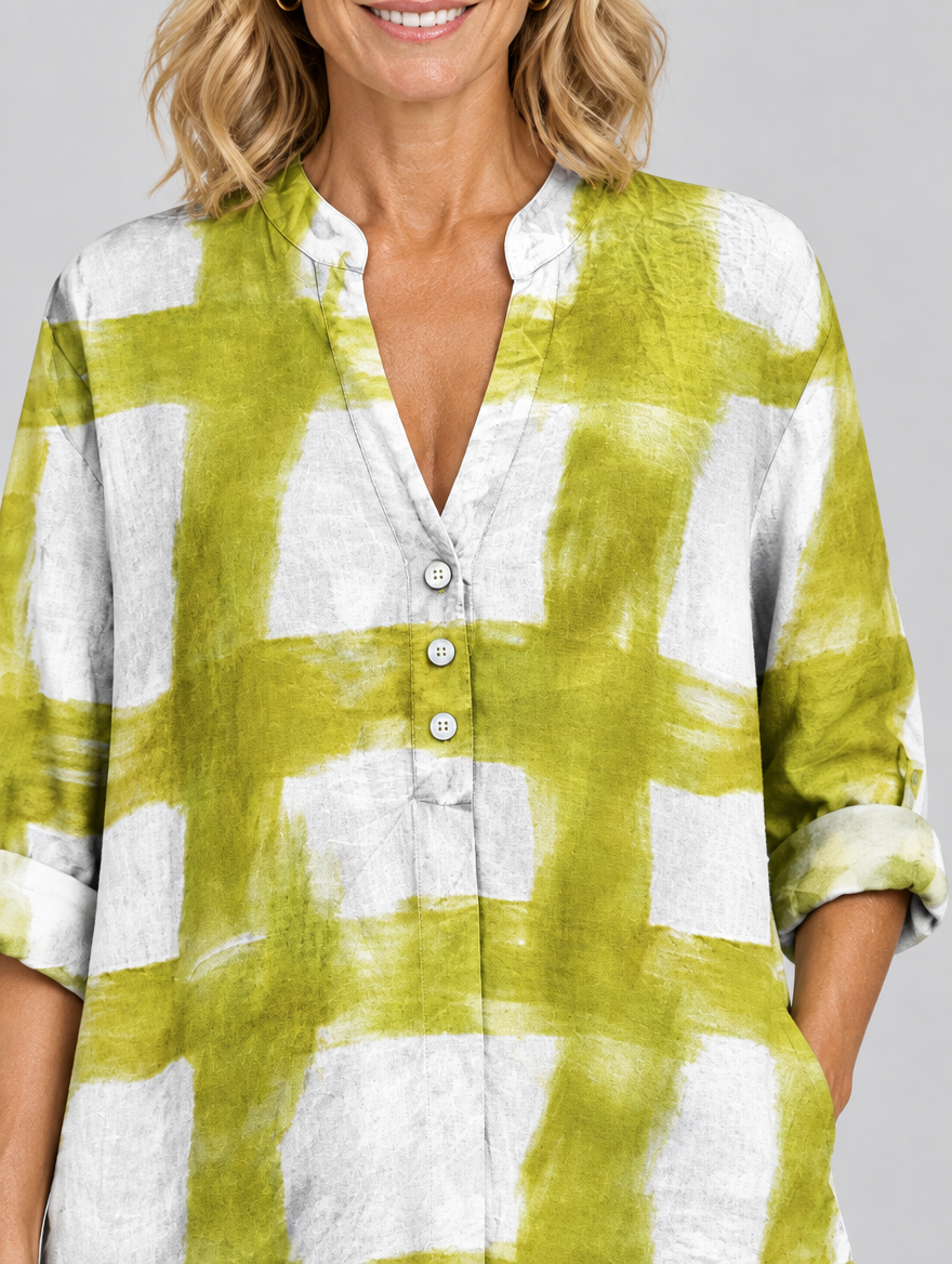 Blaire relaxed tunic in white and chartreuse brush check, close up of print and stand collar