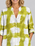 Blaire relaxed tunic in white and chartreuse brush check, close up of print and stand collar