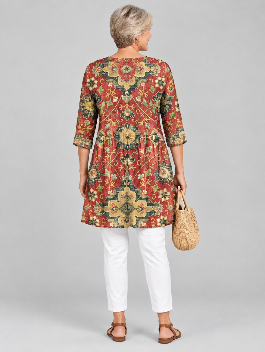Amoura long blouse in brick red medallion tapestry print, back view