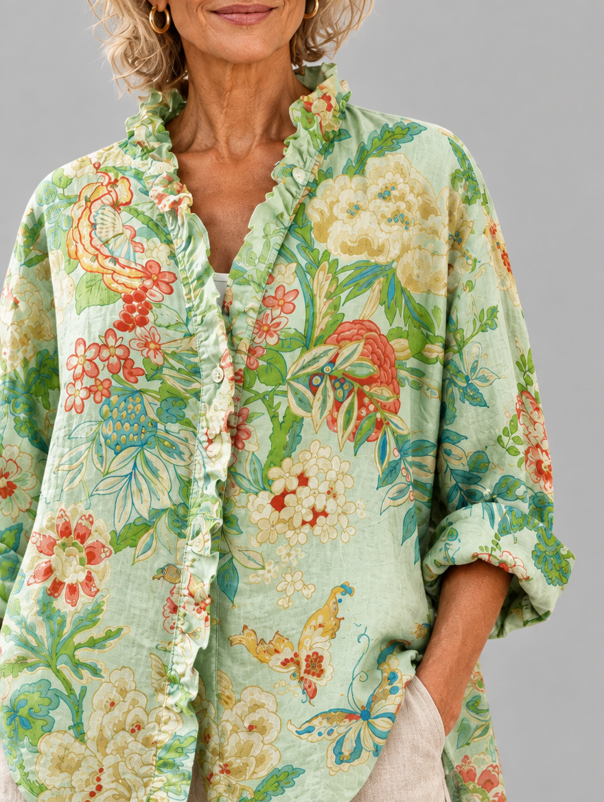 Katalina relaxed tunic in mint chinoiserie peony print, close up of print and ruffle collar
