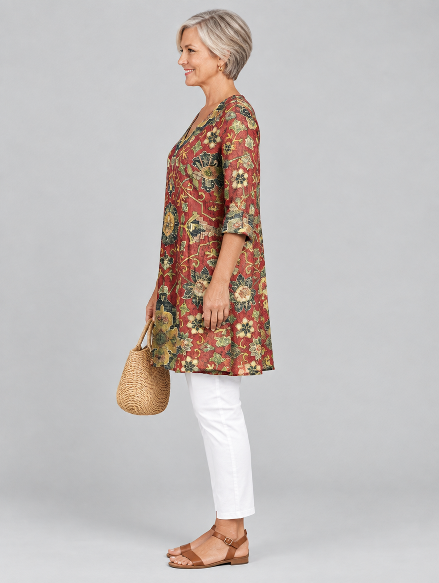 Amoura long blouse in brick red medallion tapestry print, side view showing the relaxed fit