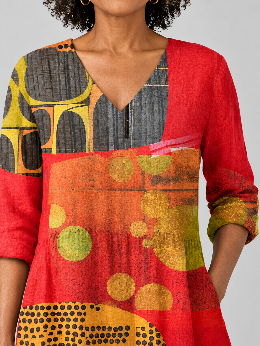 Maria long blouse in tomato red art collage print, close up of print and neckline