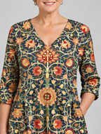 Lilian long blouse in navy heritage floral print, close up of print and neckline