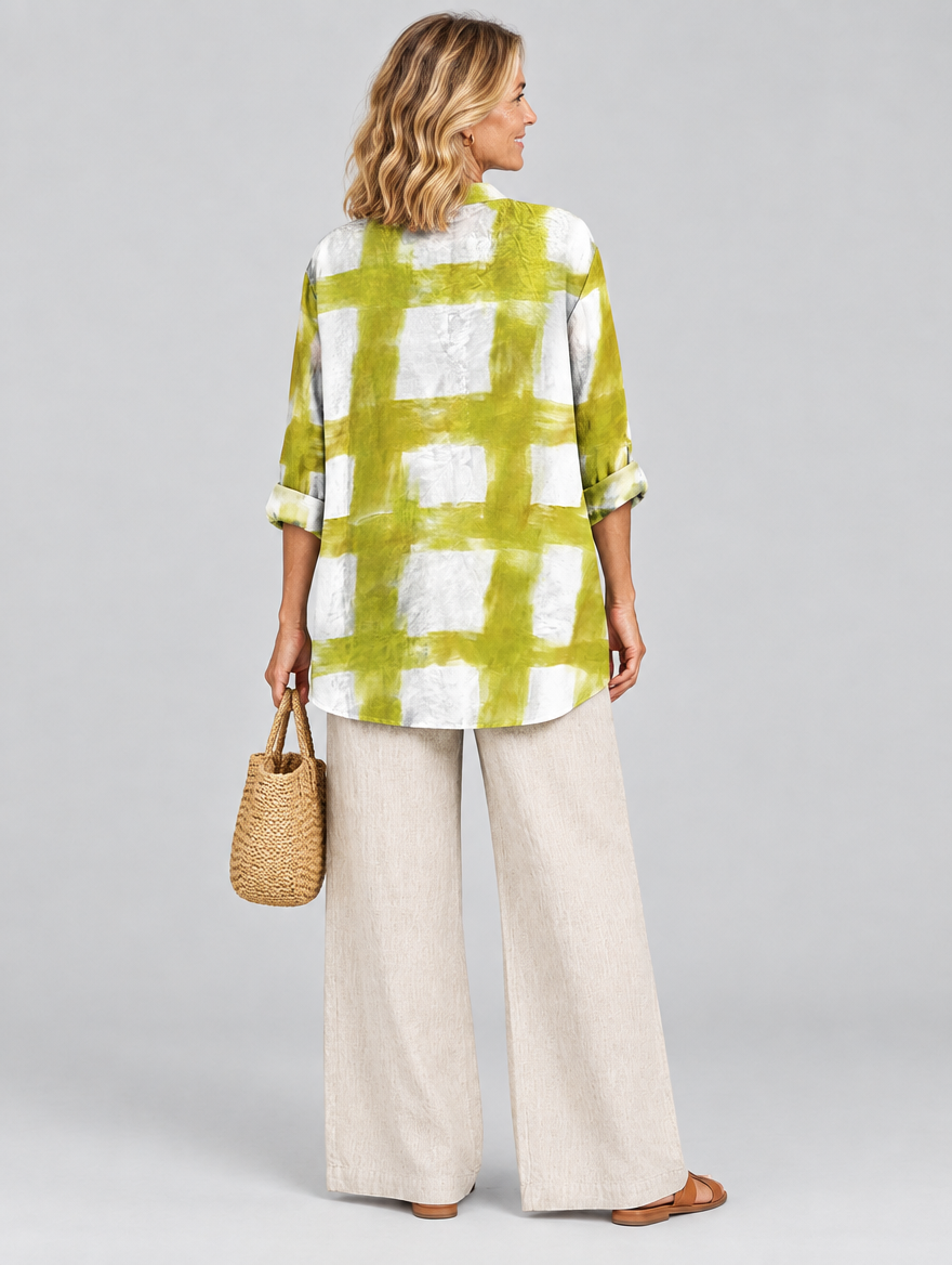 Blaire relaxed tunic in white and chartreuse brush check, back view