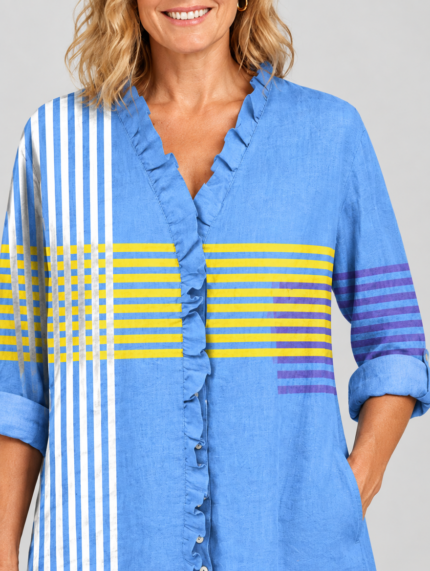 Glenda relaxed tunic in cornflower blue with yellow and violet stripes, close up of print and ruffle neckline