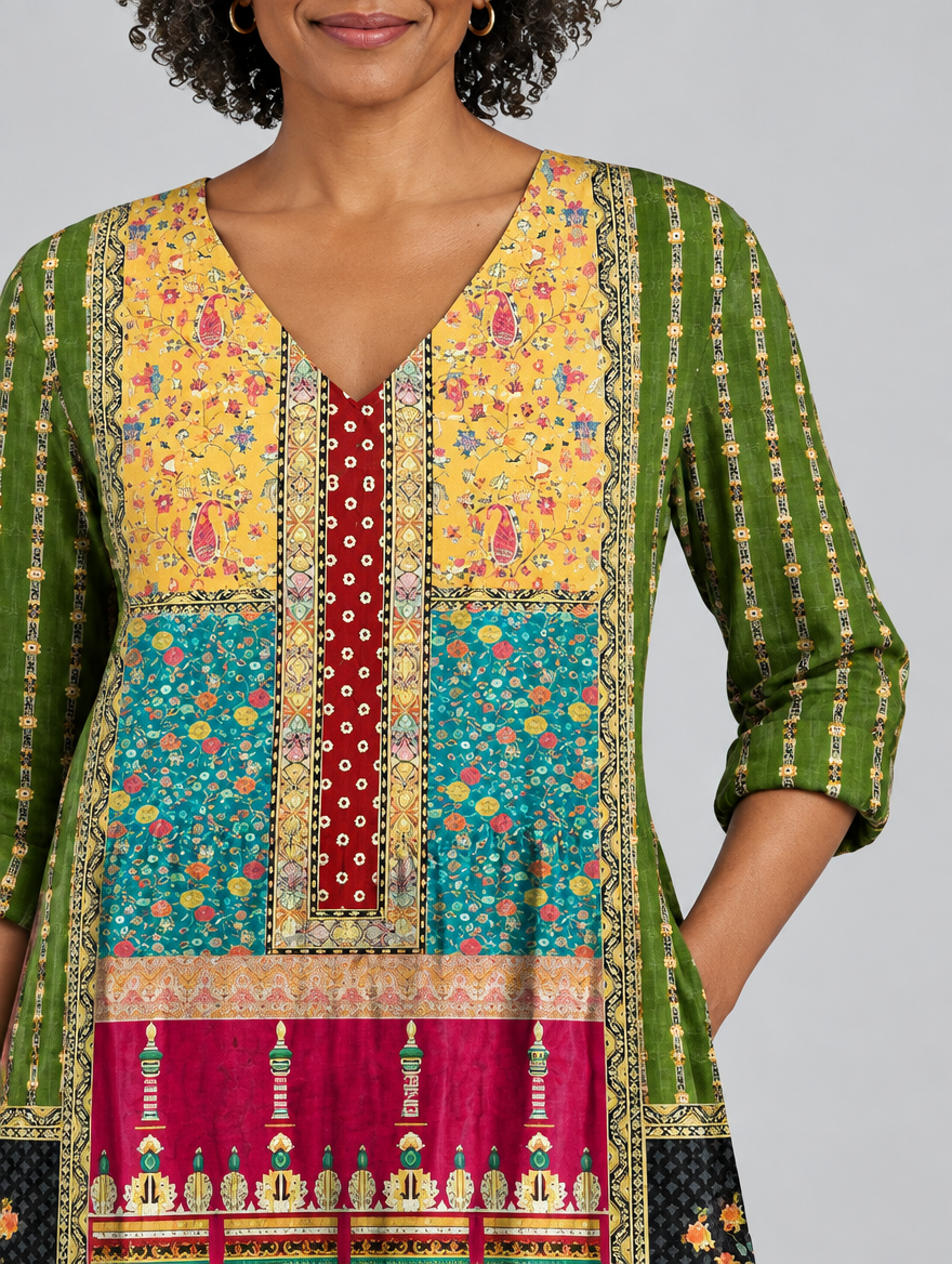 Melody long blouse in patchwork heritage print, close up of print and neckline