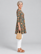 Lilian long blouse in navy heritage floral print, side view showing the relaxed fit