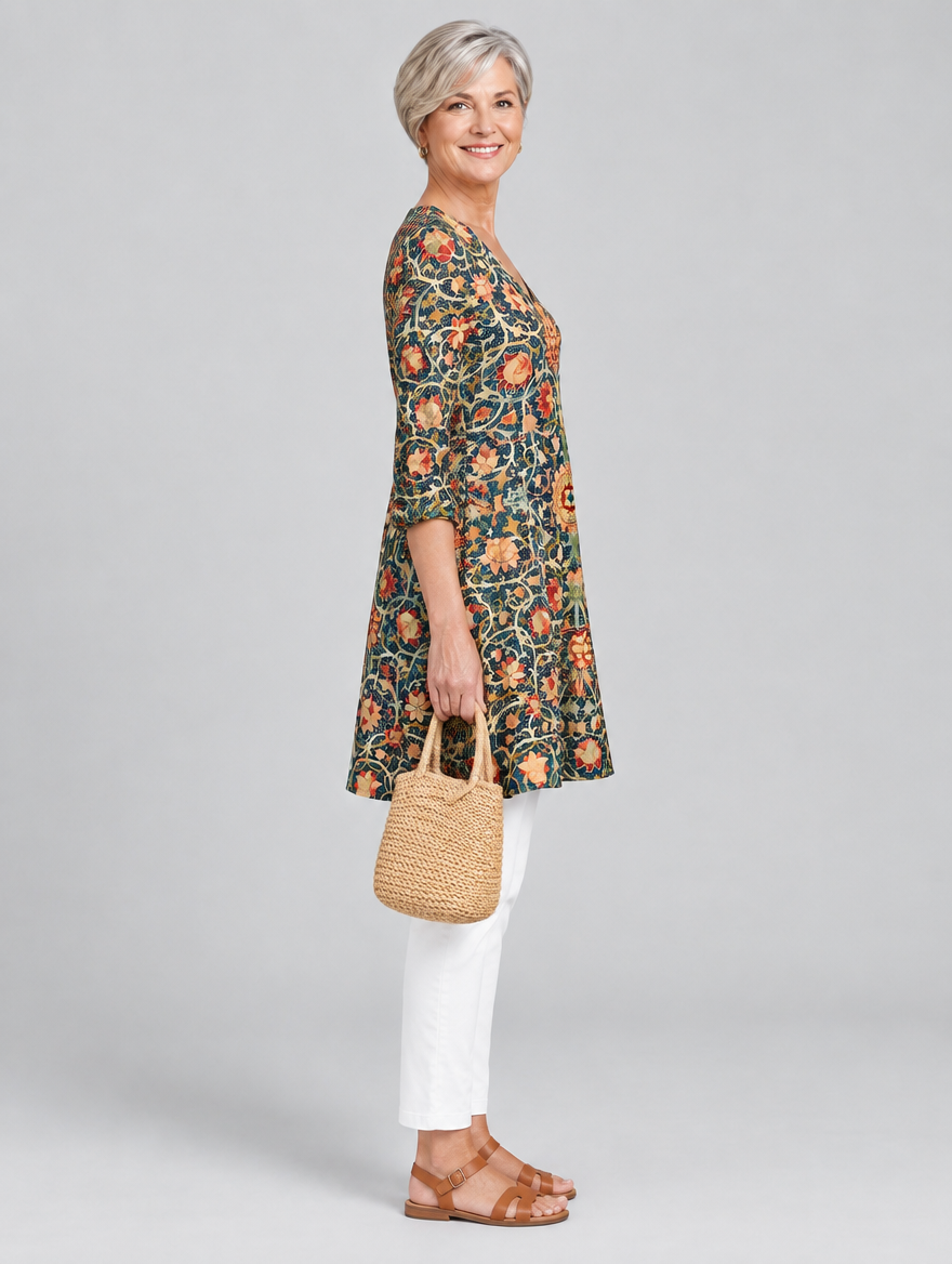 Lilian long blouse in navy heritage floral print, side view showing the relaxed fit