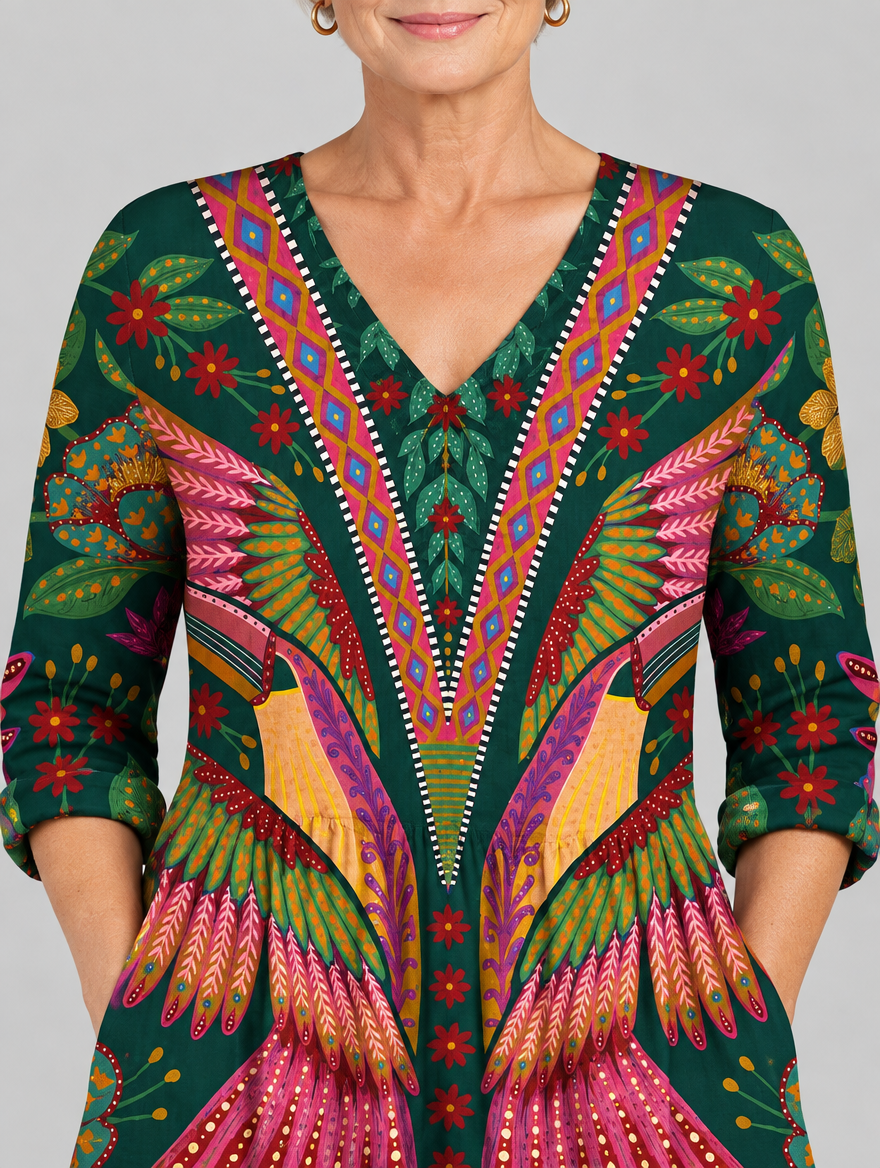 Jayla long blouse in forest green phoenix feather print, close up of print and neckline