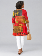 Maria long blouse in tomato red art collage print, back view
