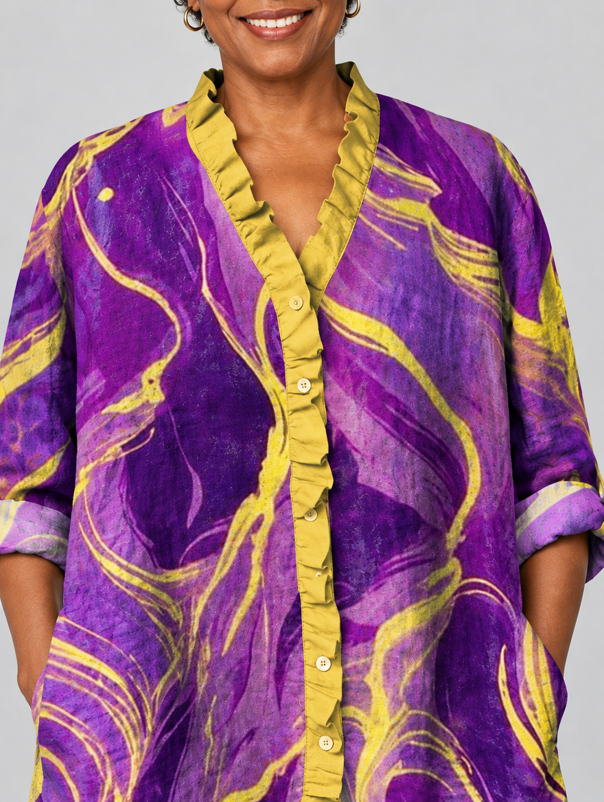 Dorothy relaxed tunic in violet and gold marble print, close up of print and ruffle neckline