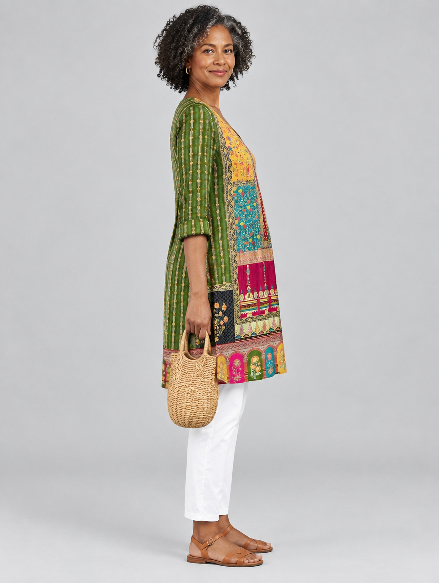 Melody long blouse in patchwork heritage print, side view showing the relaxed fit