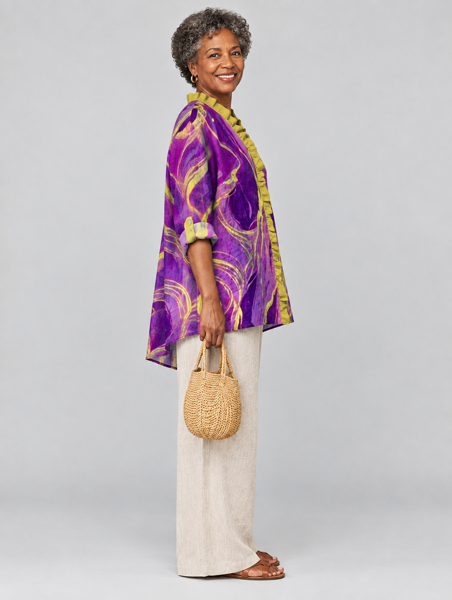 Dorothy relaxed tunic in violet and gold marble print, side view showing the relaxed fit