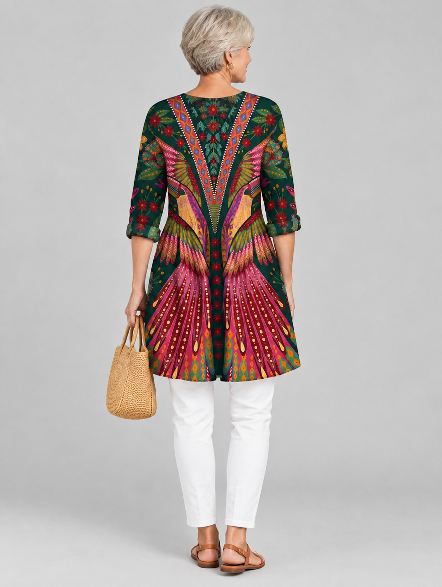 Jayla long blouse in forest green phoenix feather print, back view