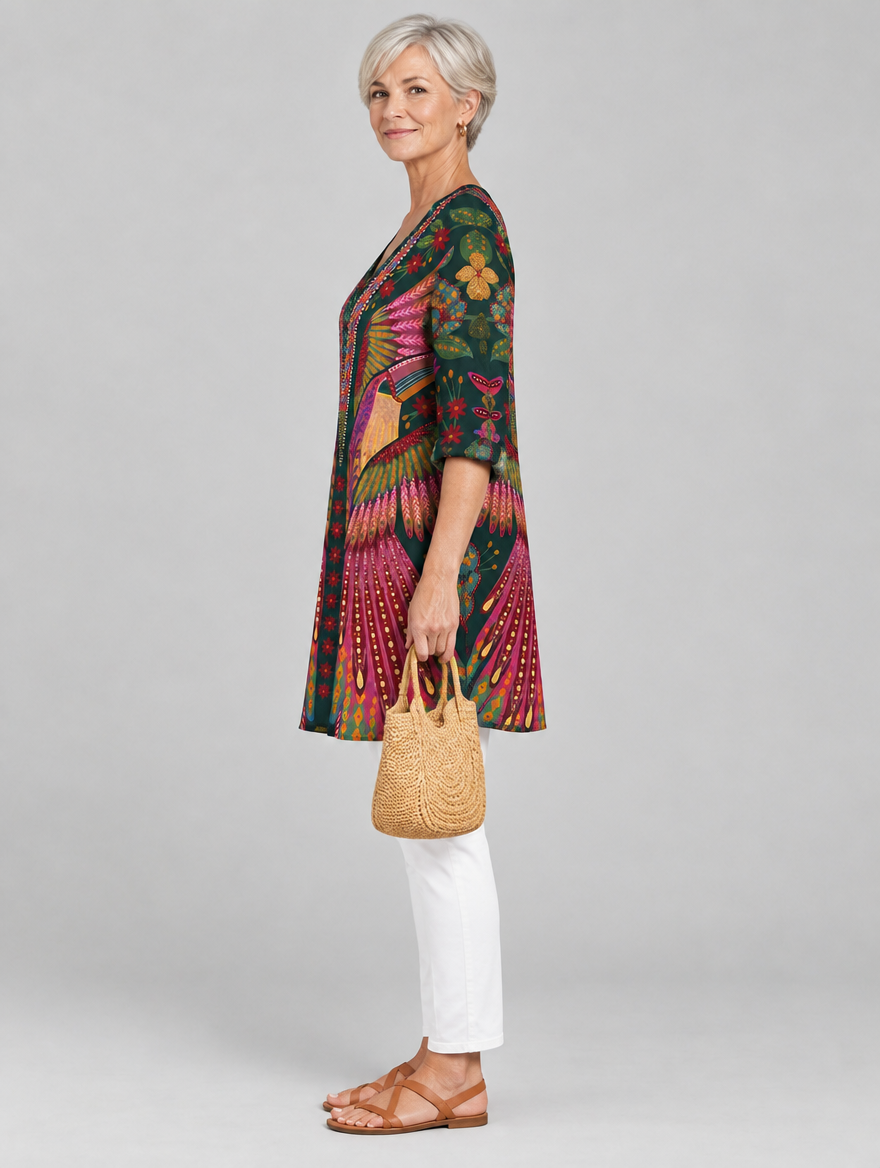 Jayla long blouse in forest green phoenix feather print, side view showing the relaxed fit