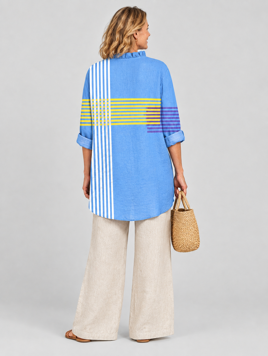 Glenda relaxed tunic in cornflower blue with yellow and violet stripes, back view