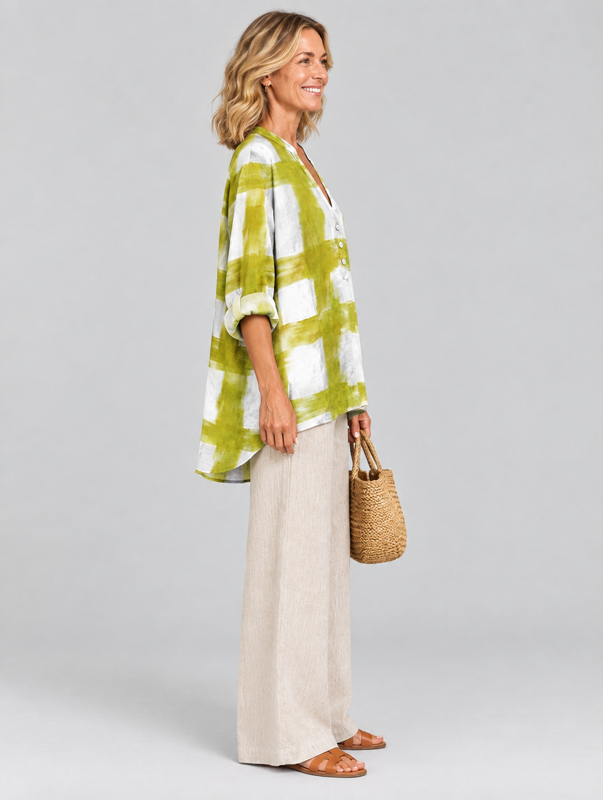 Blaire relaxed tunic in white and chartreuse brush check, side view showing the relaxed fit