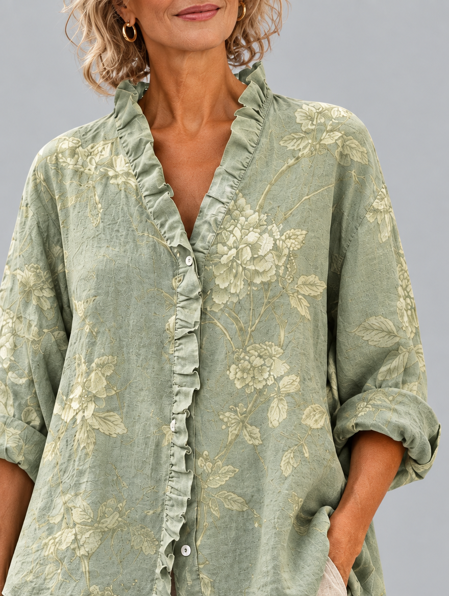 Mabel relaxed tunic in sage green tonal peony print, close up of print and ruffle collar