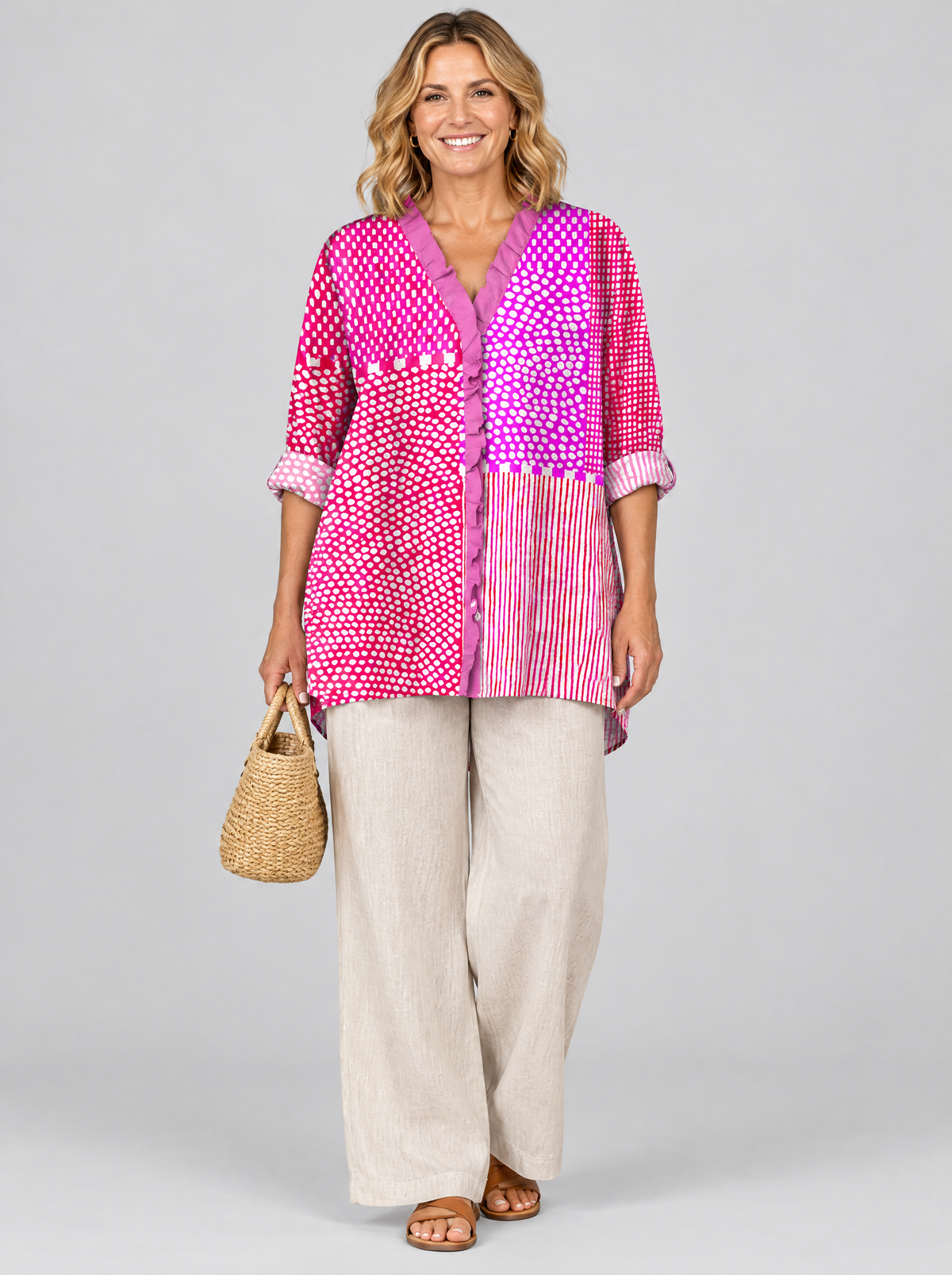 Fiona relaxed summer tunic in hot pink and magenta patchwork print, front view