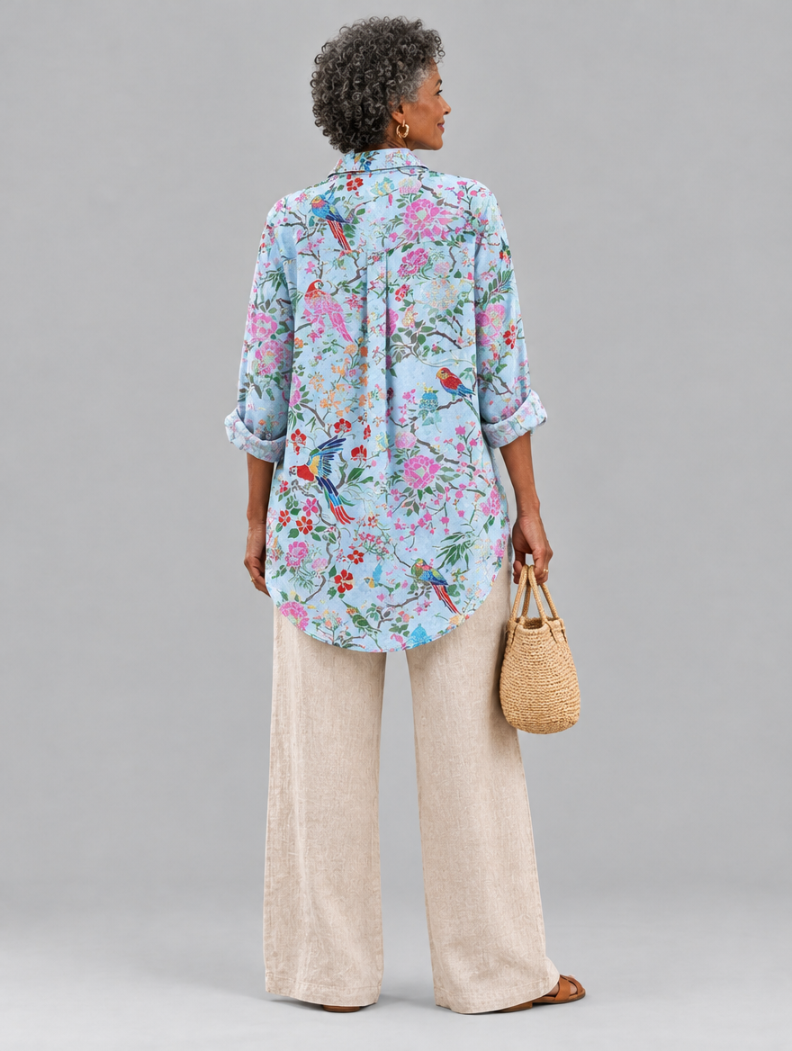 Everleigh relaxed tunic in Botanical Blue, back view