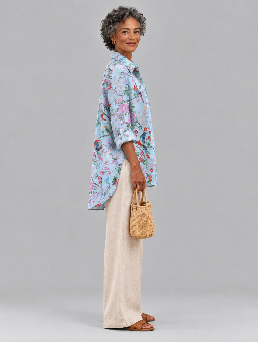 Everleigh relaxed tunic side view showing the relaxed fit