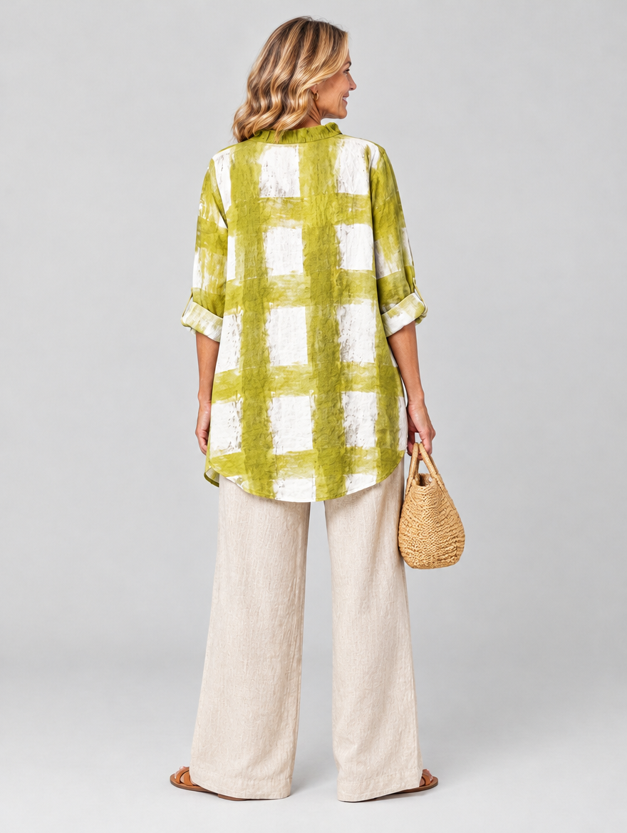 Sandra relaxed summer tunic in chartreuse check, back view