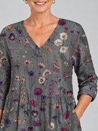Addison long blouse in charcoal wildflower print, close up of print and neckline