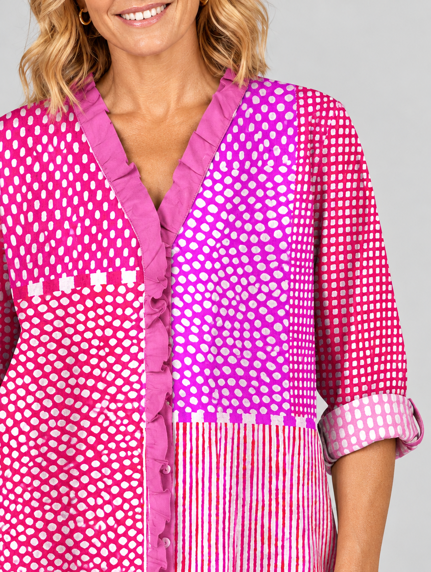 Fiona relaxed summer tunic, close up of print and ruffle neckline